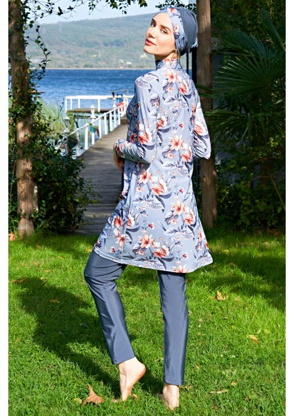 Gri Çiçek Desenli Lycra ( Su Itici ve Çabuk Kuruyan ) Kumaş Tesettür Mayo fiyatları