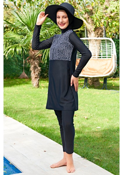 Siyah Parça Desenli Fermuarlı Lycra ( Su Itici ve Çabuk Kuruyan ) Kumaş Tesettür Mayo fiyatları