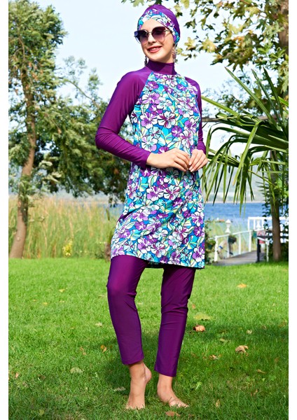 Mürdüm Desenli Reglan Kol Lycra(Su Itici ve Çabuk Kuruyan)Kumaş Tesettür Mayo fiyatları