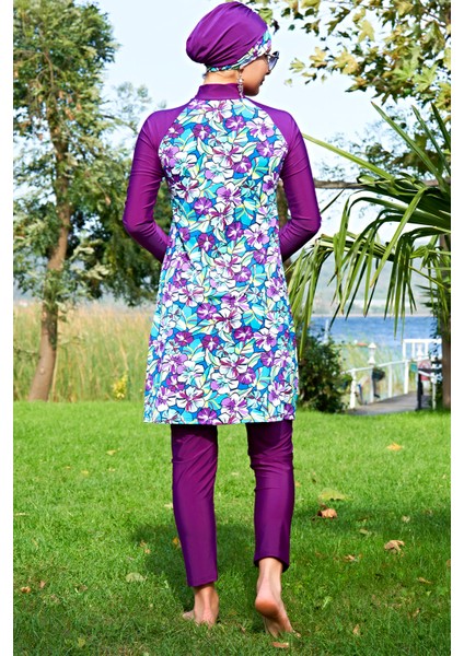 Mürdüm Desenli Reglan Kol Lycra(Su Itici ve Çabuk Kuruyan)Kumaş Tesettür Mayo modelleri