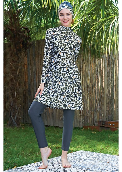 Yeşil Beyaz Yaprak Desenli Lycra ( Su Itici ve Çabuk Kuruyan ) Kumaş Tesettür Mayo