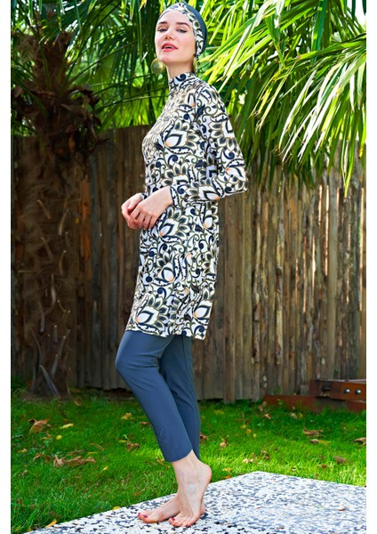 Yeşil Beyaz Yaprak Desenli Lycra ( Su Itici ve Çabuk Kuruyan ) Kumaş Tesettür Mayo fiyatları