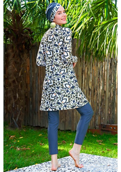 Yeşil Beyaz Yaprak Desenli Lycra ( Su Itici ve Çabuk Kuruyan ) Kumaş Tesettür Mayo modelleri