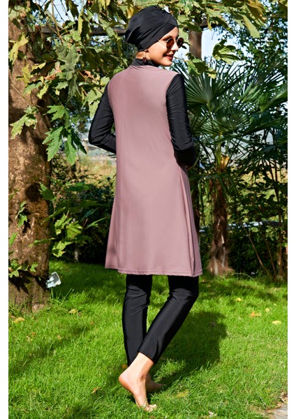 Degaje Yaka Taş Rengi Lycra ( Su Itici ve Çabuk Kuruyan ) Kumaş Tesettür Mayo modelleri