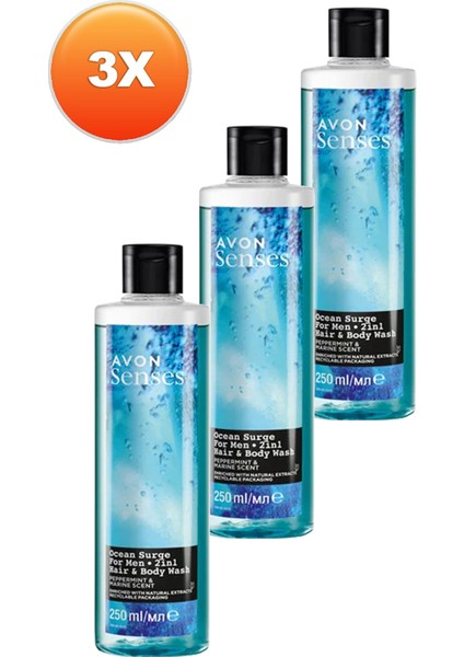 Senses Ocean Surge Nane ve Deniz Kokulu Saç ve Vücut Için Erkek Duş Jeli 250 Üçlü Set