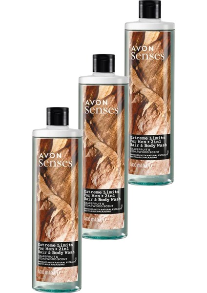 Senses Extreme Limits Greyfurt ve Sandal Kokulu Saç ve Vücut Için Erkek Duş Jeli 500 Üçlü Set