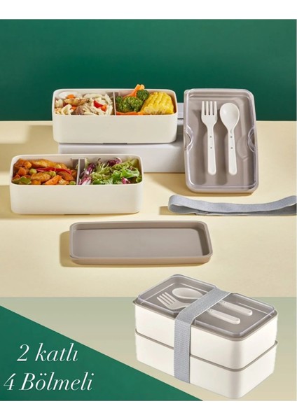 2 Katlı Krem Çatal Kaşıklı Saklama Kabı 1003 Lunch Box - Beslenme Bölmeli Yemek Kutusu