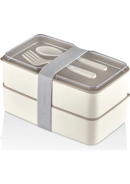 2 Katlı Krem Çatal Kaşıklı Saklama Kabı 1003 Lunch Box - Beslenme Bölmeli Yemek Kutusu modelleri