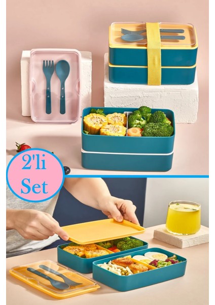 2 Katlı Çatal Kaşıklı Beslenme Kabı 1003 Bölmeli Yemek Kabı Saklama Kutusu Lunch Box