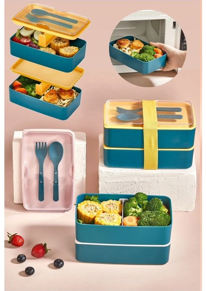 2 Katlı Çatal Kaşıklı Beslenme Kabı 1003 Bölmeli Yemek Kabı Saklama Kutusu Lunch Box fiyatları