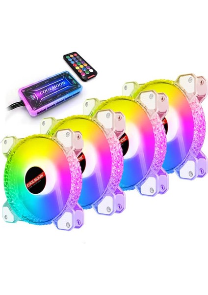 Coolmoon - 4 Adet 12CM Rgb Kasa Fanı Seti Kristal Yüzey 6pin Soğutucu Fan Seti + Kontrolcü + Kumanda