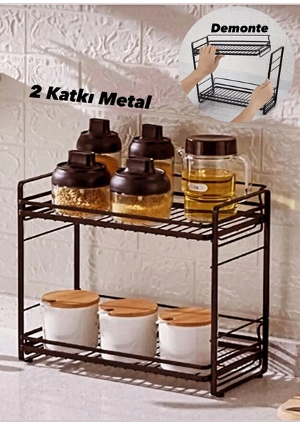 2 Katlı Metal Tezgah Üstü Mutfak Rafı Masa Üstü Baharat Standı / Çok Amaçlı Katlı Raf