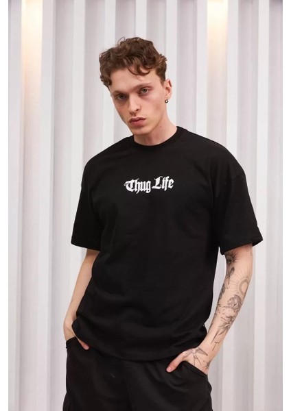 Bisiklet Yaka Baskılı Oversize T-Shirt - Siyah