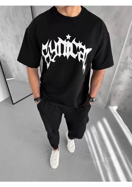 Bisiklet Yaka Baskılı Oversize T-Shirt - Siyah