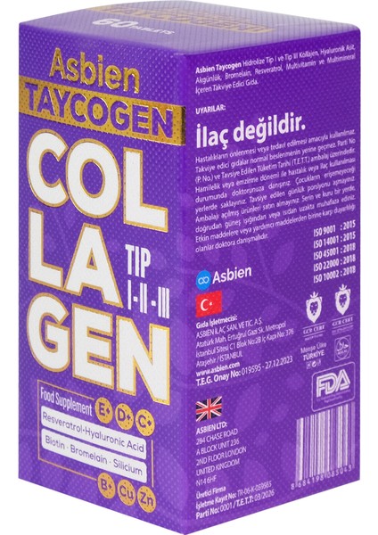 Taycogen 60 Tab. Tip 1 -2 -3 Biotin, Resveratrol,hyaluronik Asit,silisyum, Bromalain, B Complex ,bakır ,çinko ,vitamin C ve E , D3