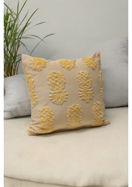 Bohem Dekoratif Yastık Kılıfı Kırlent Kılıfı 45X45 cm Açık Sarı Renk Ananas Desen