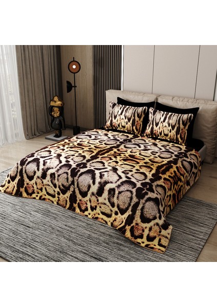 Pike Takımı Pamuklu Çift Kişilik Jakar Dokuma Yatak Örtüsü Gold Leopar