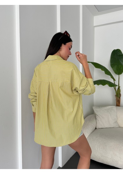 Yağ Yeşili Beyaz Çizgili Oversize Cepli Gömlek 27135 modelleri