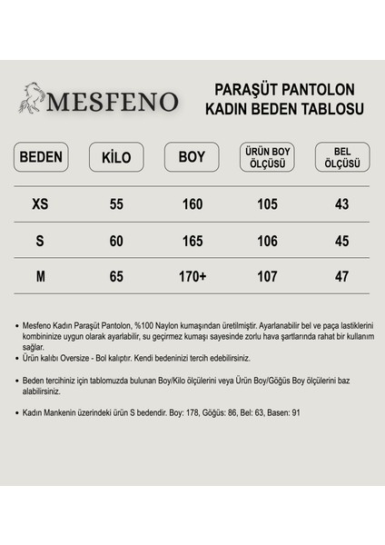 Mesfeno Clothing Mesfeno Kadın Paraşüt Pantolon,  Bol Kesim, Beli ve Paçası Ayarlanabilir Lastikli, Su Geçirmez Kumaş