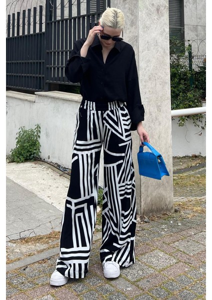 Siyah Desenli Beli Lastikli Bol Paça Pantolon MG2051