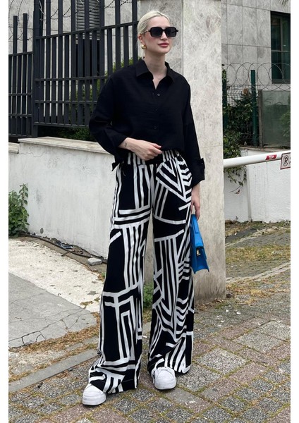 Siyah Desenli Beli Lastikli Bol Paça Pantolon MG2051 fiyatları