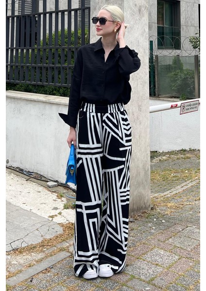 Siyah Desenli Beli Lastikli Bol Paça Pantolon MG2051 modelleri