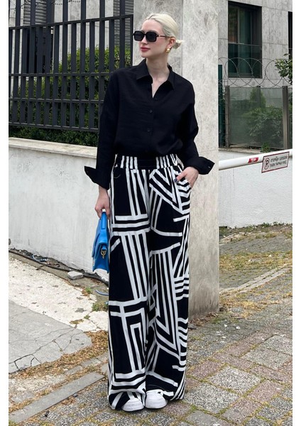 Siyah Desenli Beli Lastikli Bol Paça Pantolon MG2051 fırsatları