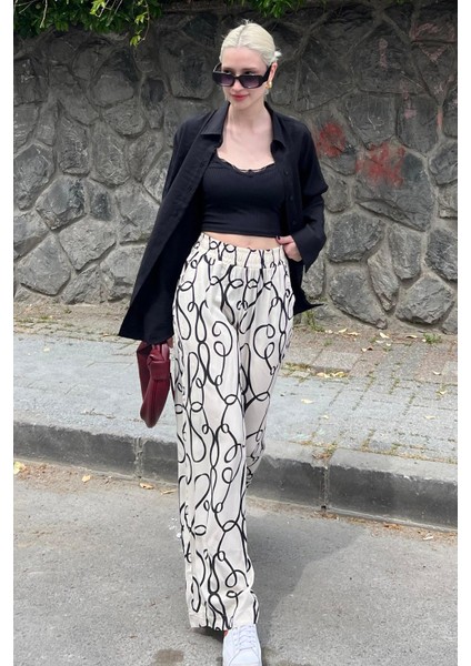 Ekru Desenli Beli Lastikli Bol Paça Pantolon MG2051 fiyatları