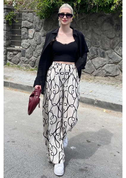 Ekru Desenli Beli Lastikli Bol Paça Pantolon MG2051 modelleri