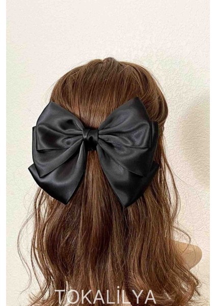 Kadın Saten Siyah Fiyonk Otomatik Klips Toka