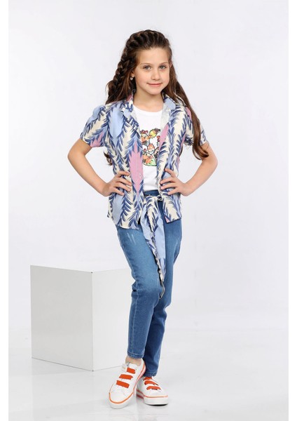 Yaprak Desen Baskılı Renkli Gömlek, Tişört ve Kot Pantolon 3 Lü Takım MRN2412