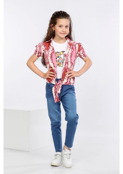 Yaprak Desen Baskılı Alttan Bağlamalı Renkli Gömlek, Tişört ve Kot Pantolon 3 Lü Takım MRN2411