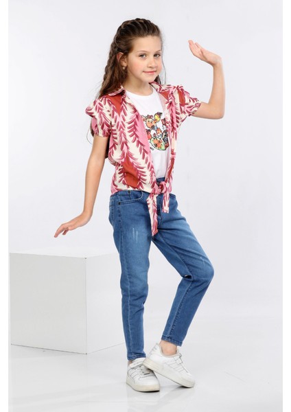 Yaprak Desen Baskılı Alttan Bağlamalı Renkli Gömlek, Tişört ve Kot Pantolon 3 Lü Takım MRN2411 fiyatları