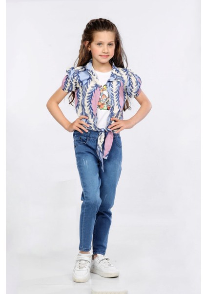 Yaprak Desen Baskılı Alttan Bağlamalı Renkli Gömlek, Tişört ve Kot Pantolon 3 Lü Takım MRN2411