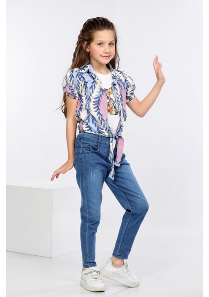 Yaprak Desen Baskılı Alttan Bağlamalı Renkli Gömlek, Tişört ve Kot Pantolon 3 Lü Takım MRN2411 fiyatları