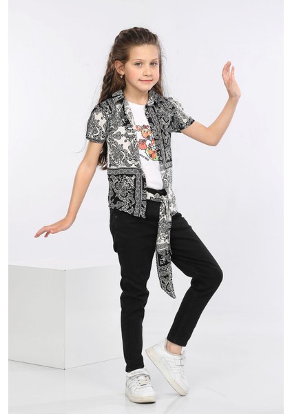 Etnik Desen Baskılı Renkli Gömlek, Tişört ve Kot Pantolon 3 Lü Takım MRN2414