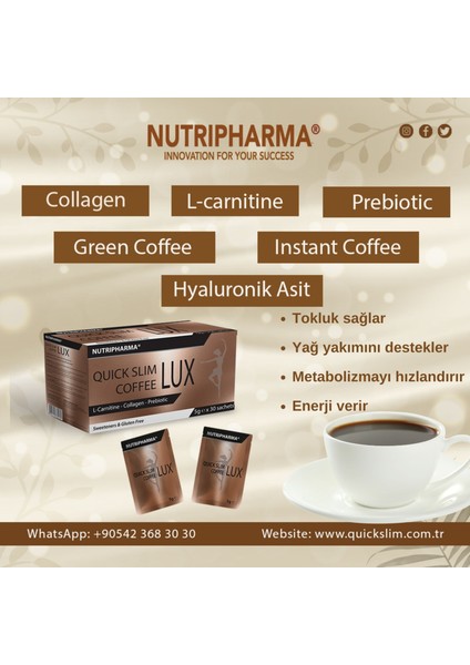 Quıck Slım Coffee Lux,biyoaktif Kolajen Peptidleri,l-Karnitin,prebiyotikli Form Kahve, 5g x 30 Saşe