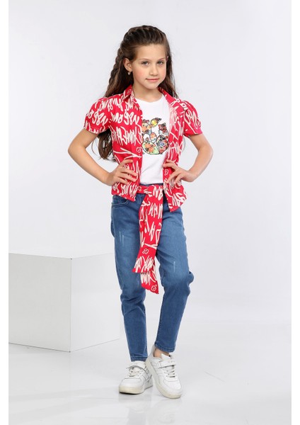 Yazı Desen Baskılı Renkli Gömlek, Tişört ve Kot Pantolon 3 Lü Takım MRN2418