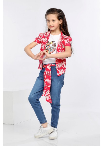 Yazı Desen Baskılı Renkli Gömlek, Tişört ve Kot Pantolon 3 Lü Takım MRN2418 fiyatları