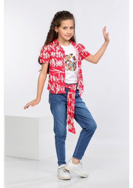 Yazı Desen Baskılı Renkli Gömlek, Tişört ve Kot Pantolon 3 Lü Takım MRN2418 modelleri