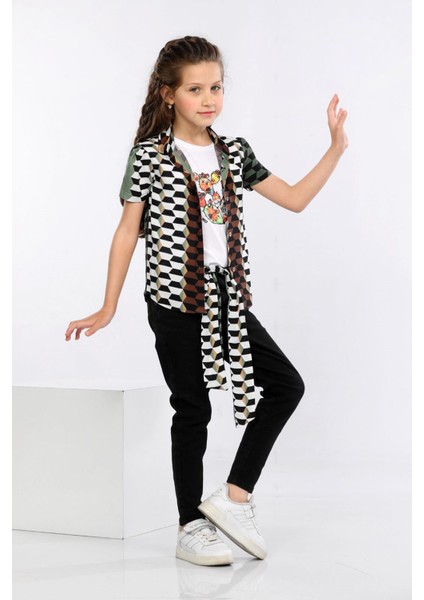 Geometrik Desen Baskılı Renkli Gömlek, Tişört ve Kot Pantolon 3 Lü Takım MRN2410