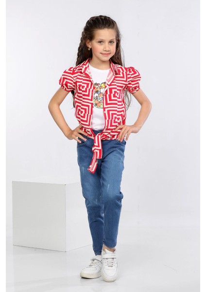 Labirent Desen Baskılı Alttan Bağlamalı Renkli Gömlek, Tişört ve Kot Pantolon 3 Lü Takım MRN2415