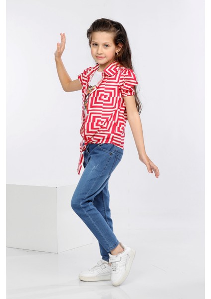 Labirent Desen Baskılı Alttan Bağlamalı Renkli Gömlek, Tişört ve Kot Pantolon 3 Lü Takım MRN2415 fiyatları