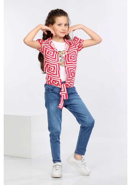 Labirent Desen Baskılı Alttan Bağlamalı Renkli Gömlek, Tişört ve Kot Pantolon 3 Lü Takım MRN2415 modelleri