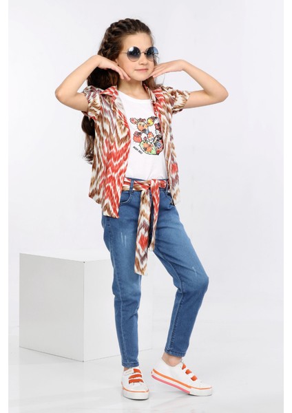 Dalga Desen Baskılı Renkli Gömlek, Tişört ve Kot Pantolon 3 Lü Takım MRN2408 fiyatları