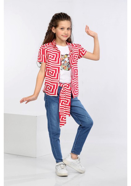 Labirent Desen Baskılı Renkli Gömlek, Tişört ve Kot Pantolon 3 Lü Takım MRN2416