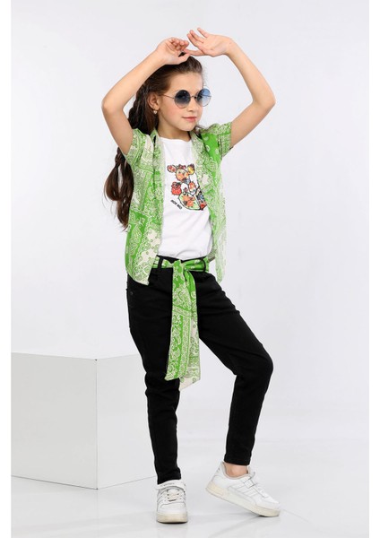 Etnik Desen Baskılı Renkli Gömlek, Tişört ve Kot Pantolon 3 Lü Takım MRN2414