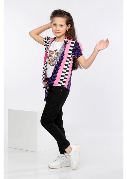 Geometrik Desen Baskılı Alttan Bağlamalı Renkli Gömlek, Tişört ve Kot Pantolon 3 Lü Takım MRN2409 fiyatları