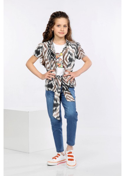 Dalga Desen Baskılı Renkli Gömlek, Tişört ve Kot Pantolon 3 Lü Takım MRN2408