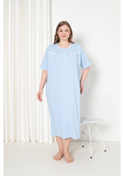 %100 Pamuklu Penye Kısa Kol Büyük Beden Anne Geceliği 051